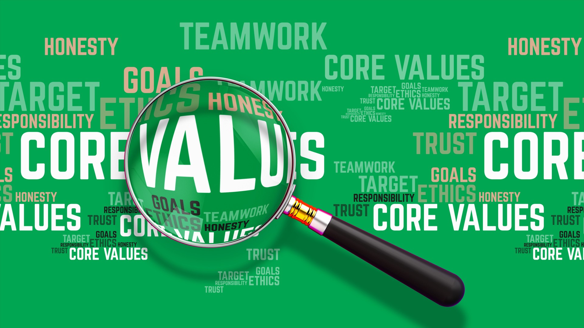 Core Values and Business Ethics Word Cloud with Magnifying Glass